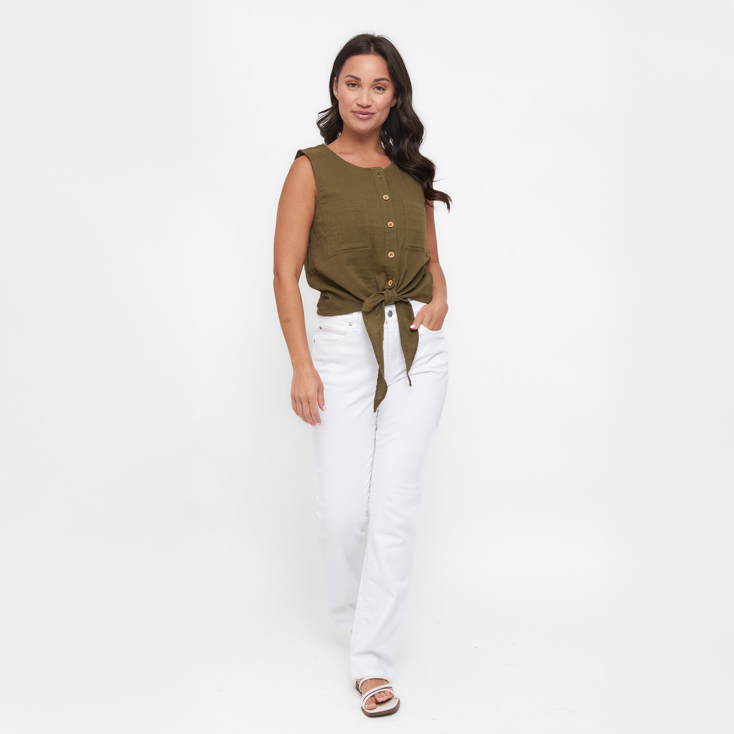 Jasmine Cotton Gauze Button Up Scoop Neck Tank Top