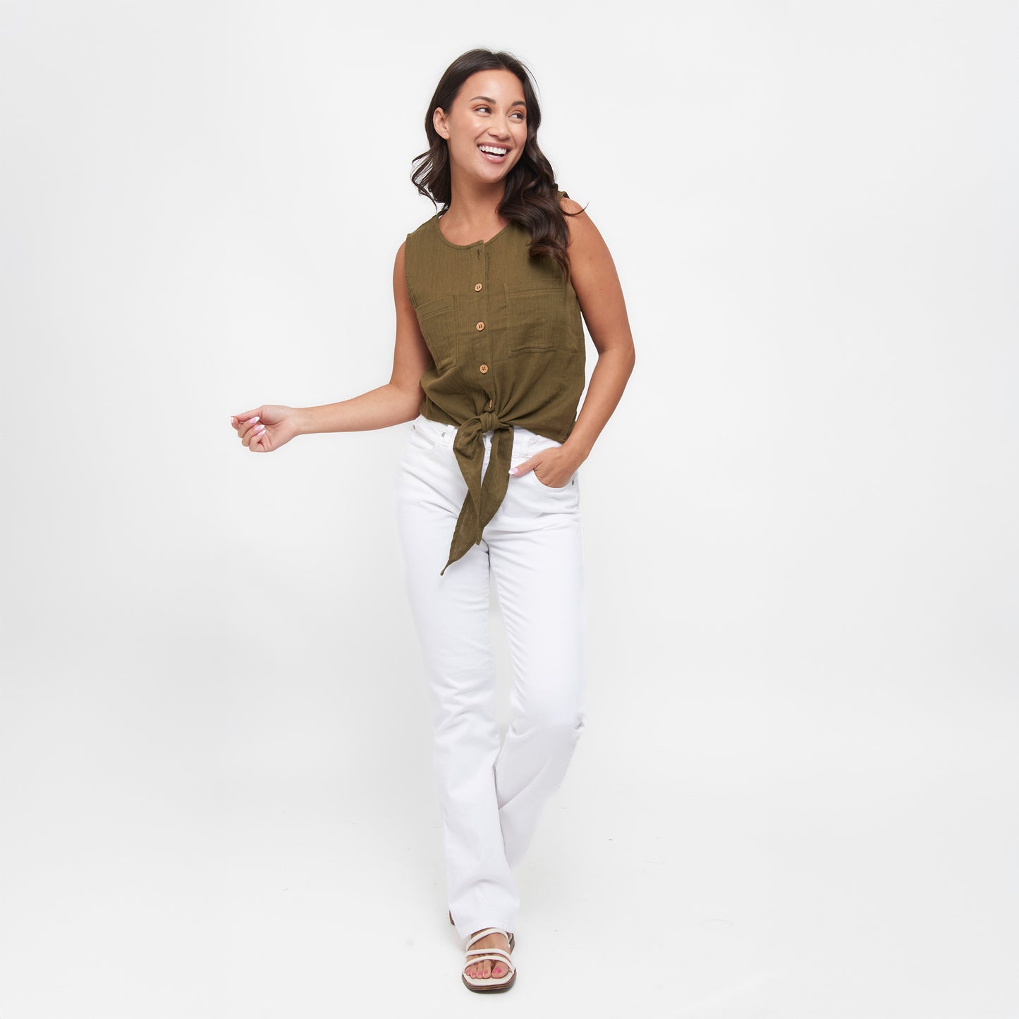 Jasmine Cotton Gauze Button Up Scoop Neck Tank Top