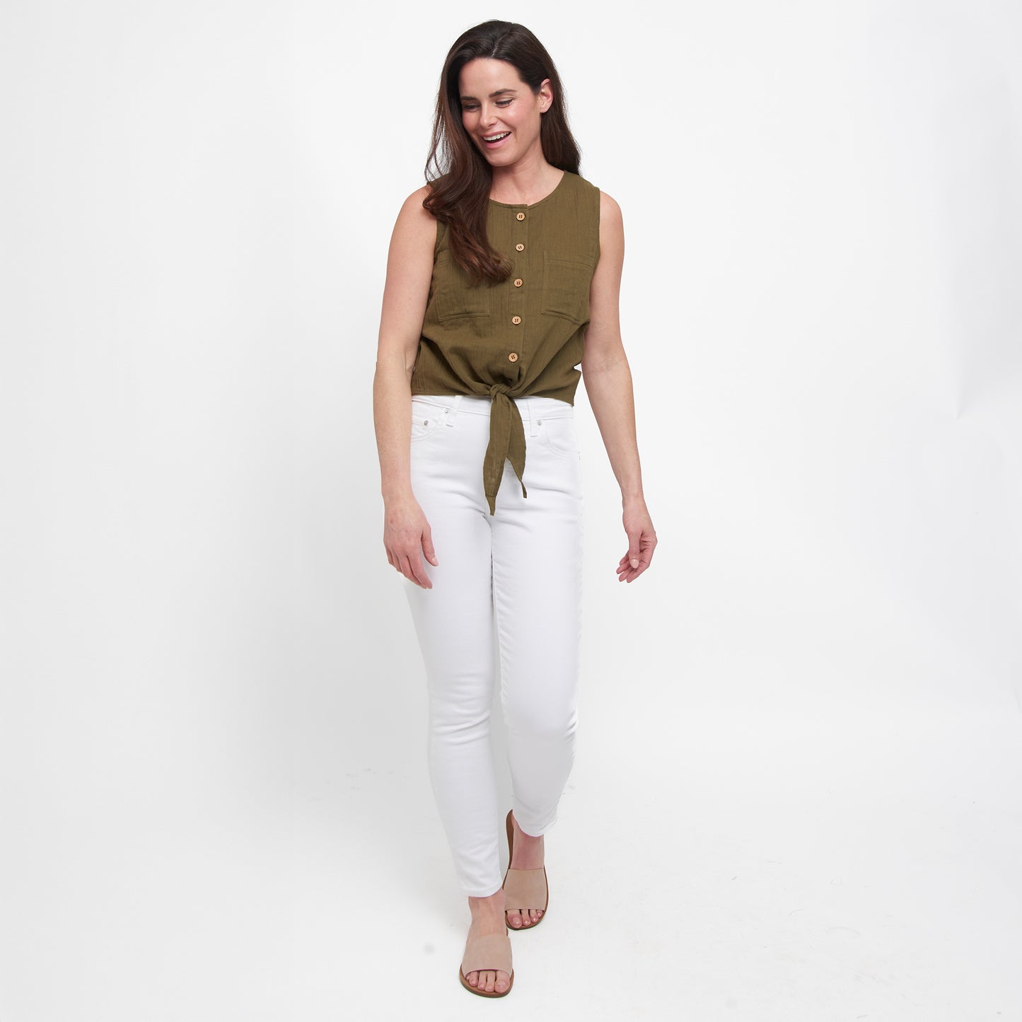 Jasmine Cotton Gauze Button Up Scoop Neck Tank Top
