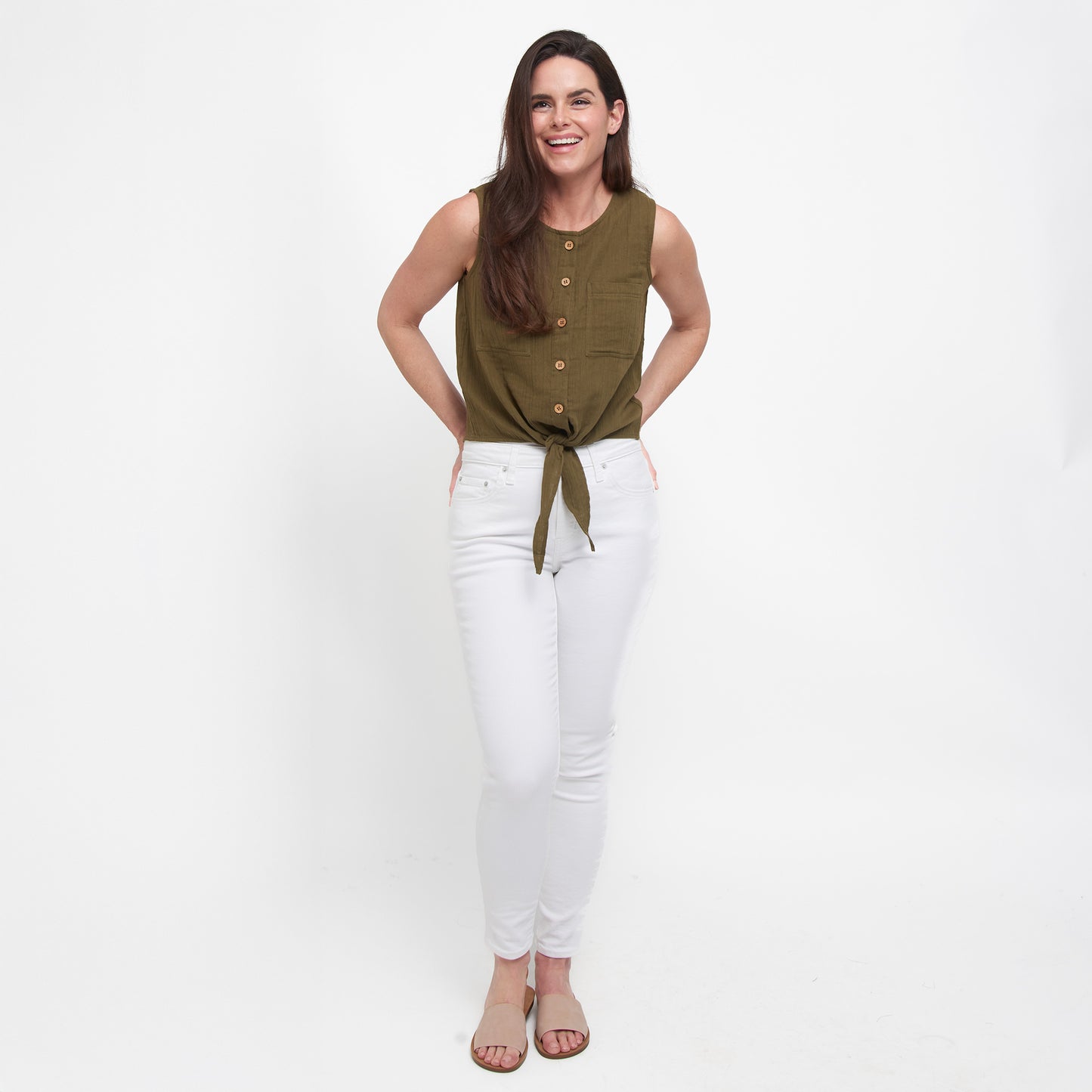 Jasmine Cotton Gauze Button Up Scoop Neck Tank Top