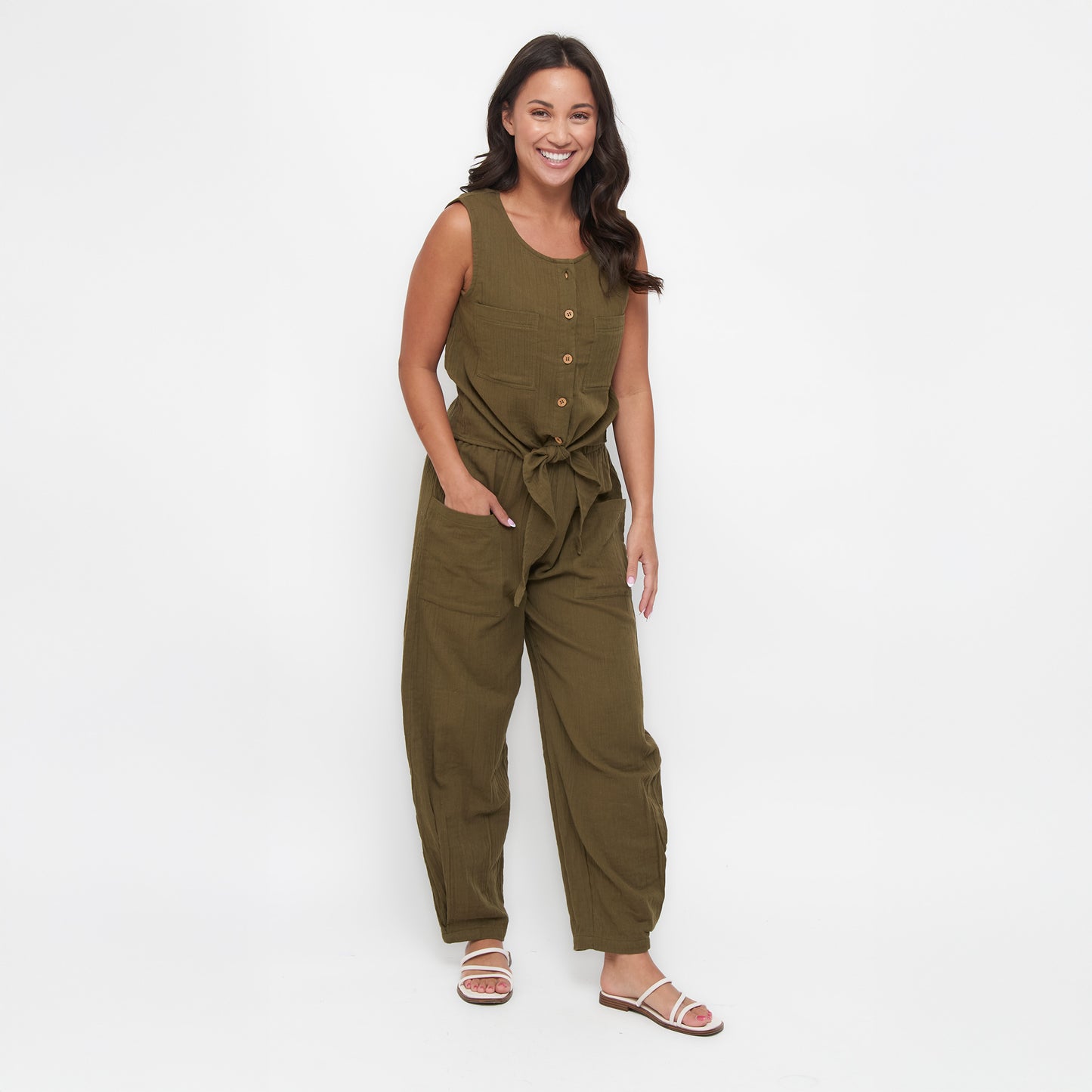 Jasmine Cotton Gauze Button Up Scoop Neck Tank Top