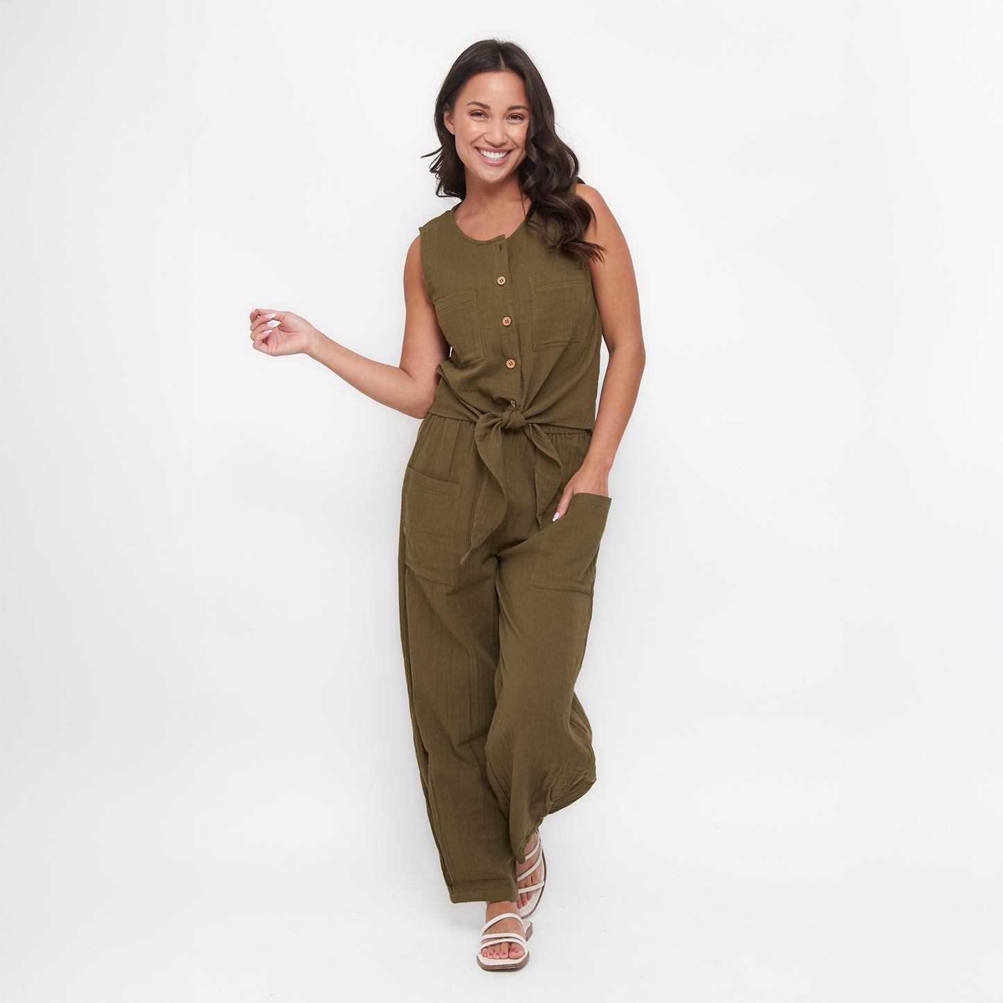 Jasmine Cotton Gauze Button Up Scoop Neck Tank Top