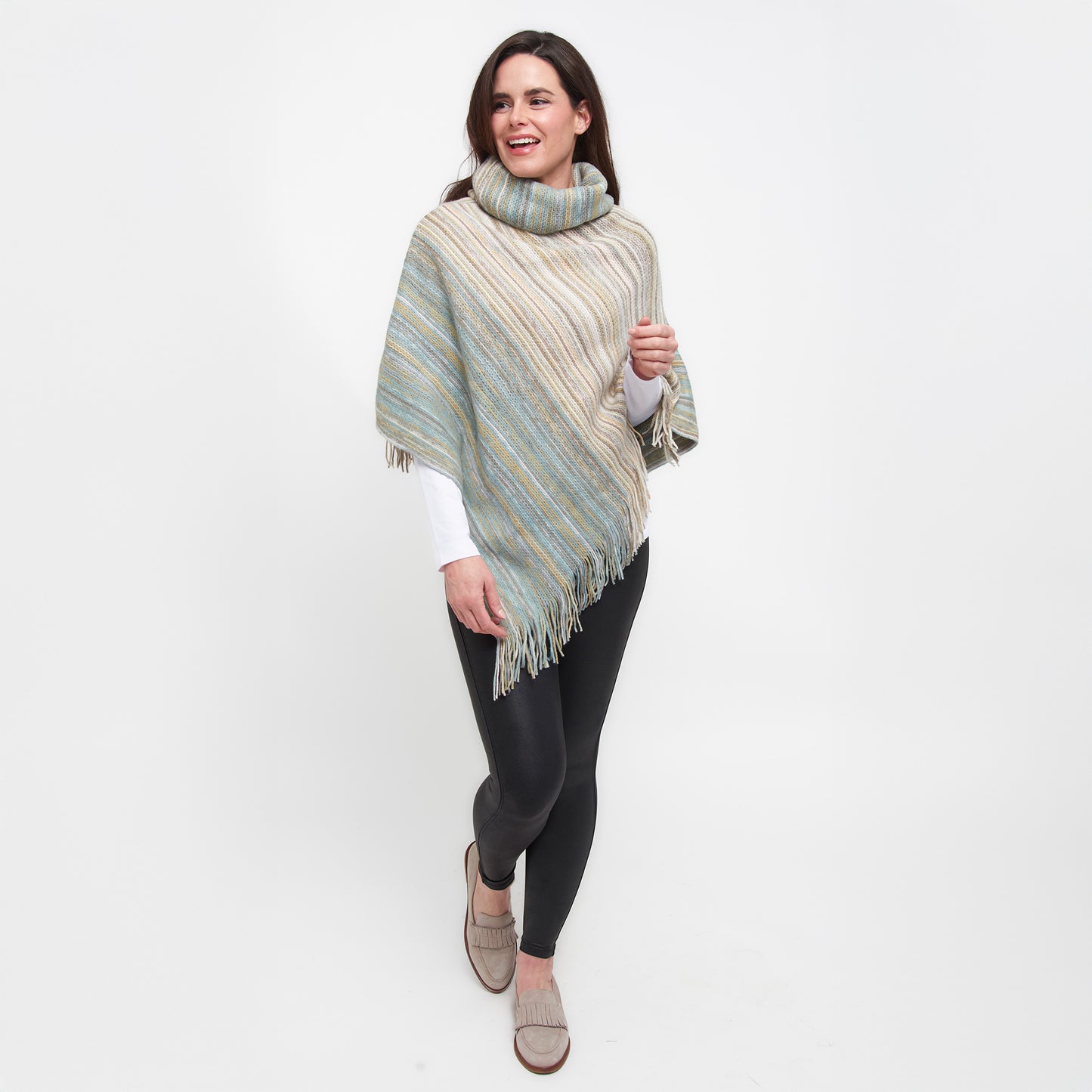 Tiya Striped Funnel Neck One Size Fringe Poncho