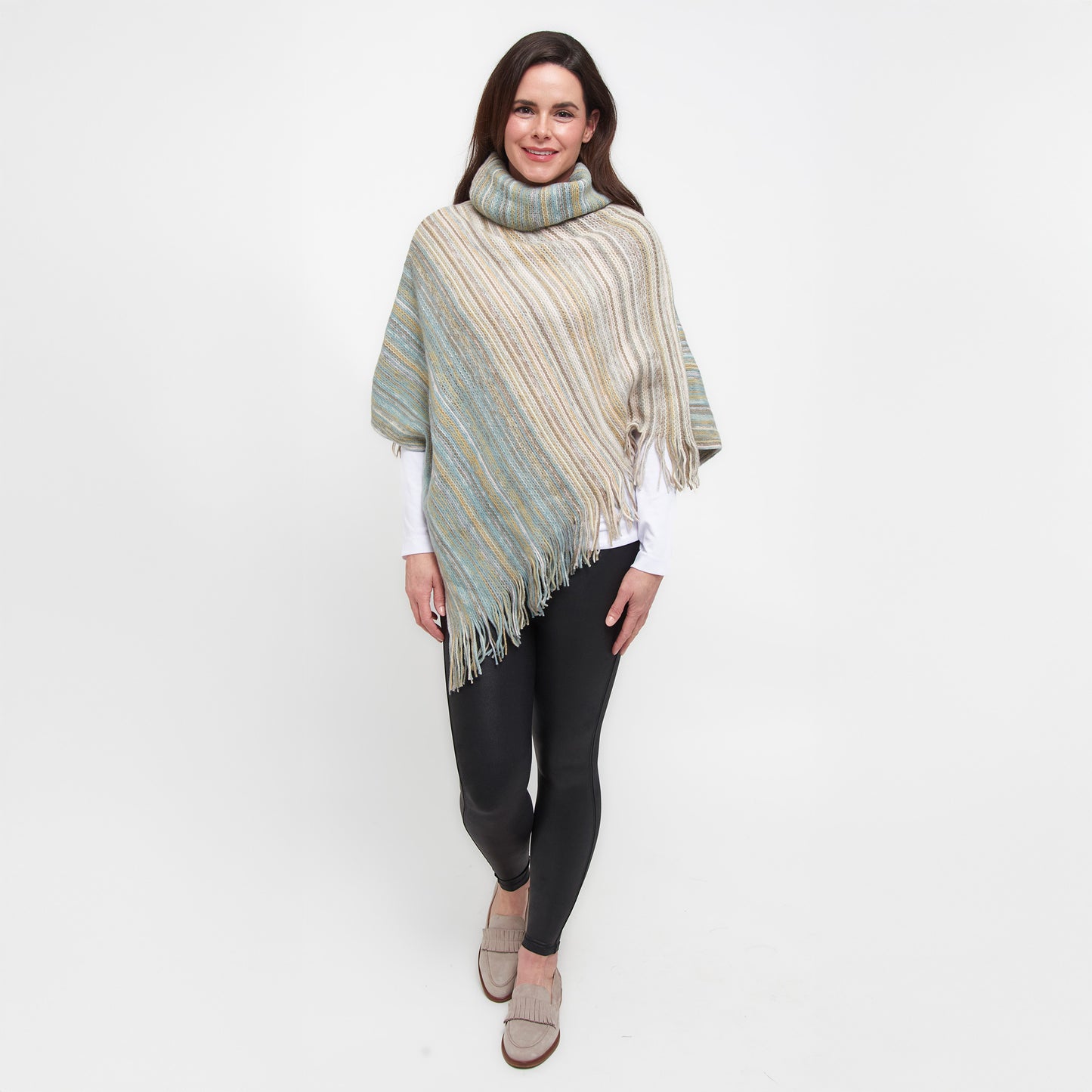 Tiya Striped Funnel Neck One Size Fringe Poncho