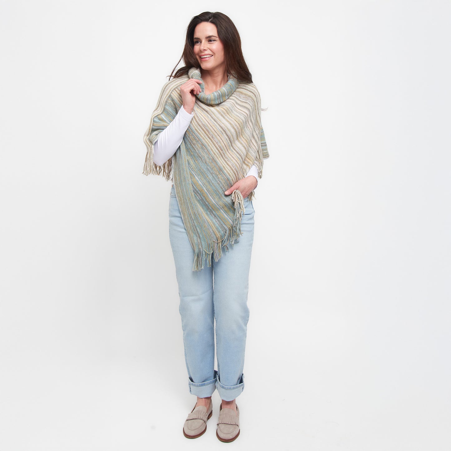 Tiya Striped Funnel Neck One Size Fringe Poncho