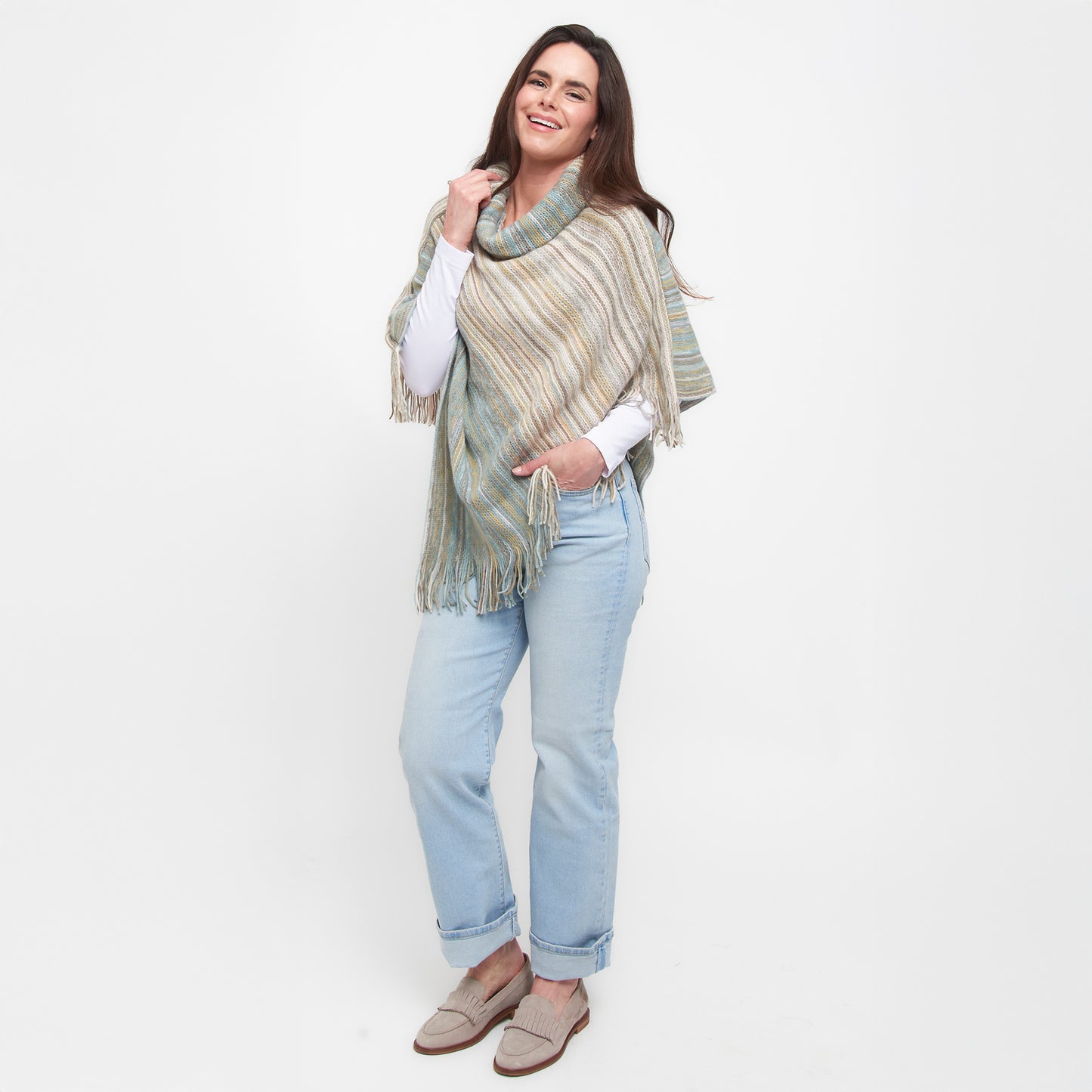 Tiya Striped Funnel Neck One Size Fringe Poncho