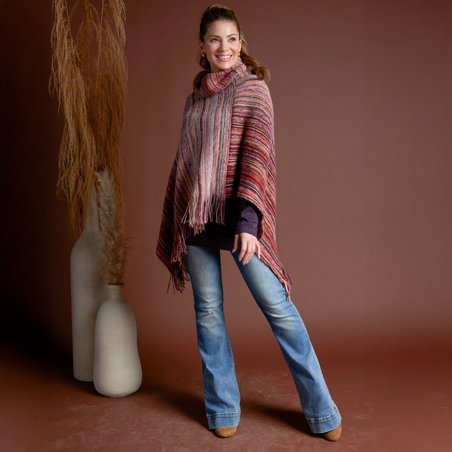 Tiya Striped Funnel Neck One Size Fringe Poncho