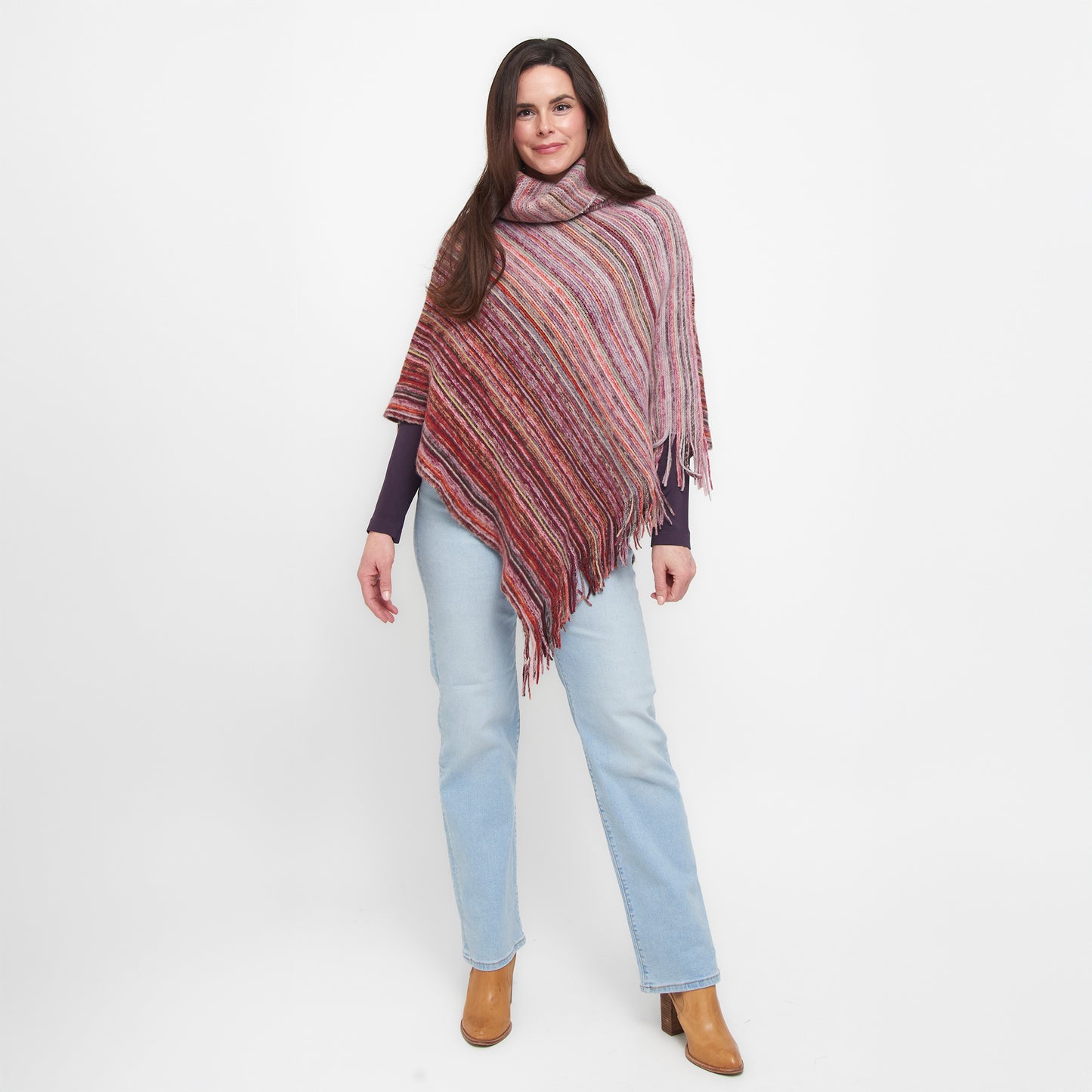 Tiya Striped Funnel Neck One Size Fringe Poncho