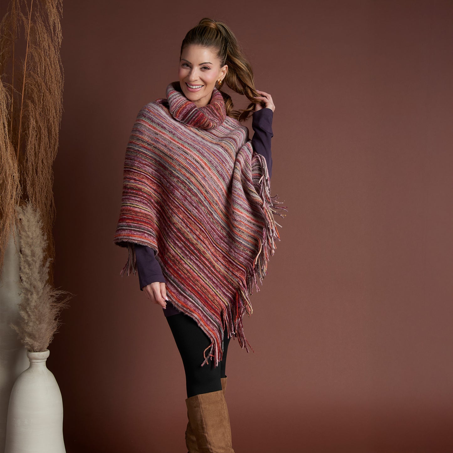 Tiya Striped Funnel Neck One Size Fringe Poncho