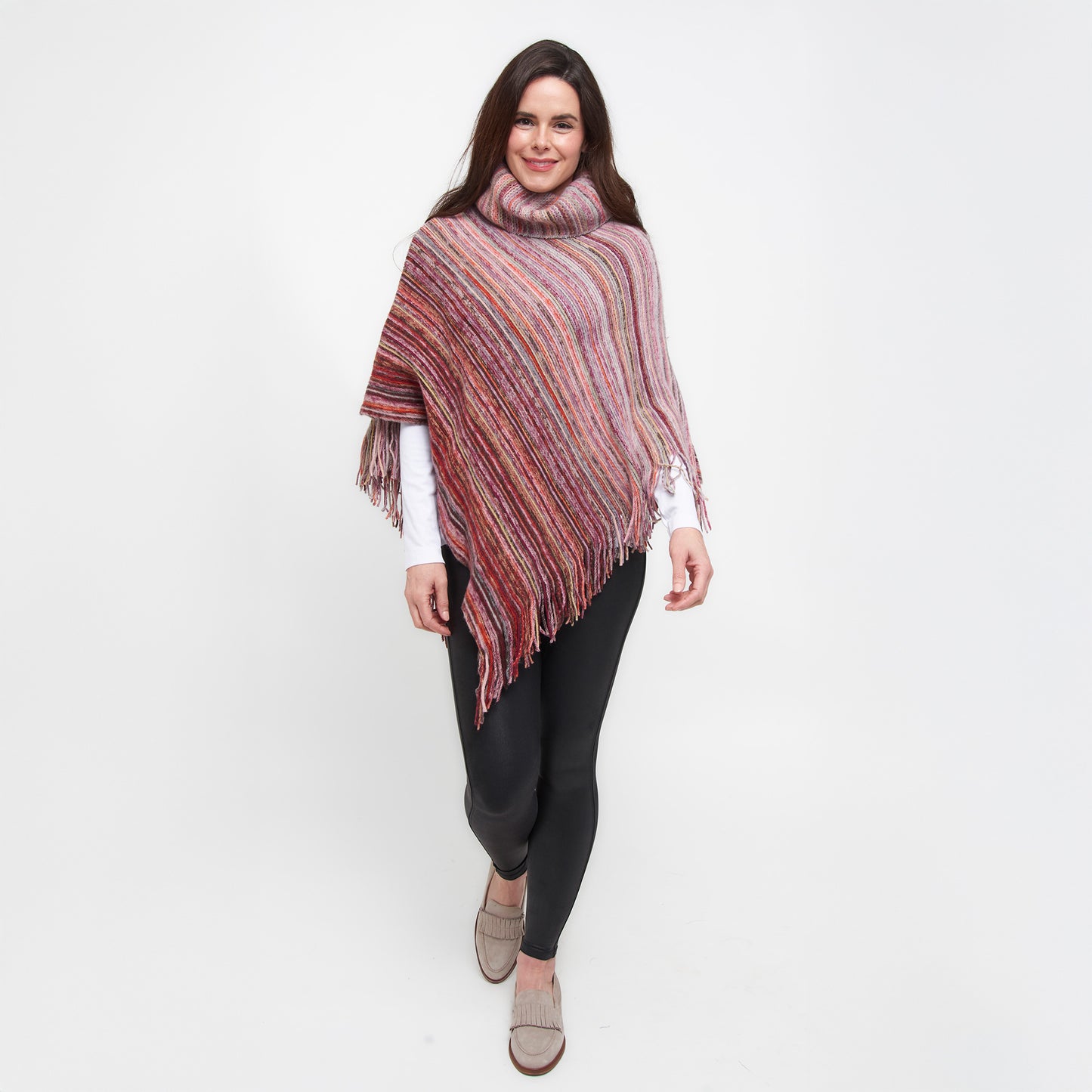 Tiya Striped Funnel Neck One Size Fringe Poncho