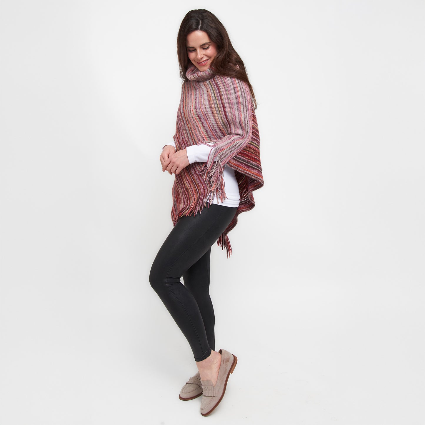 Tiya Striped Funnel Neck One Size Fringe Poncho