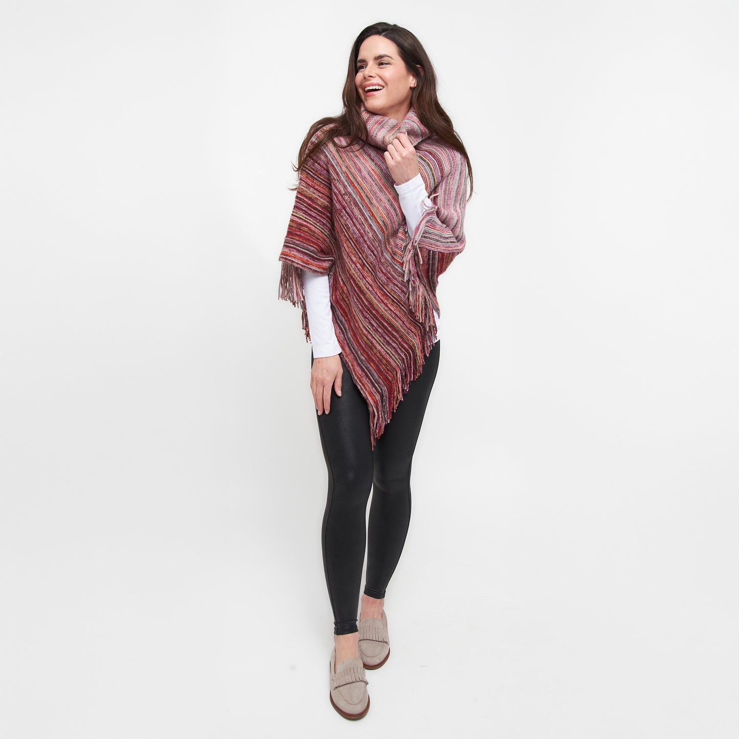 Tiya Striped Funnel Neck One Size Fringe Poncho