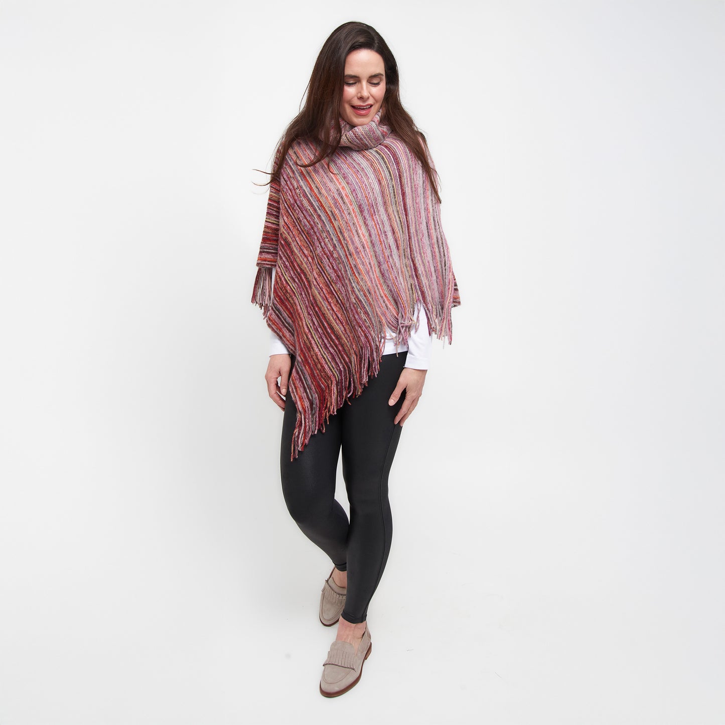 Tiya Striped Funnel Neck One Size Fringe Poncho