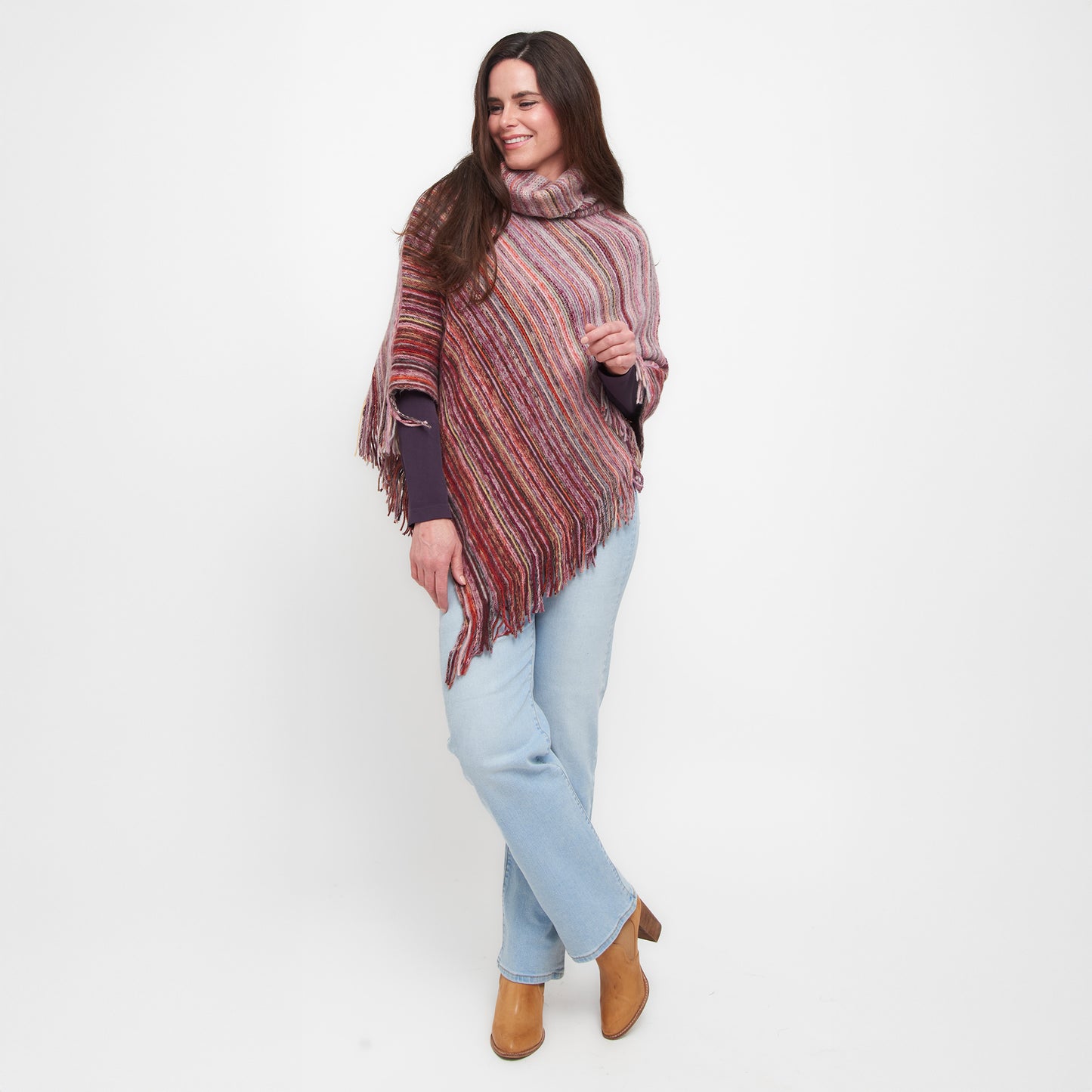 Tiya Striped Funnel Neck One Size Fringe Poncho