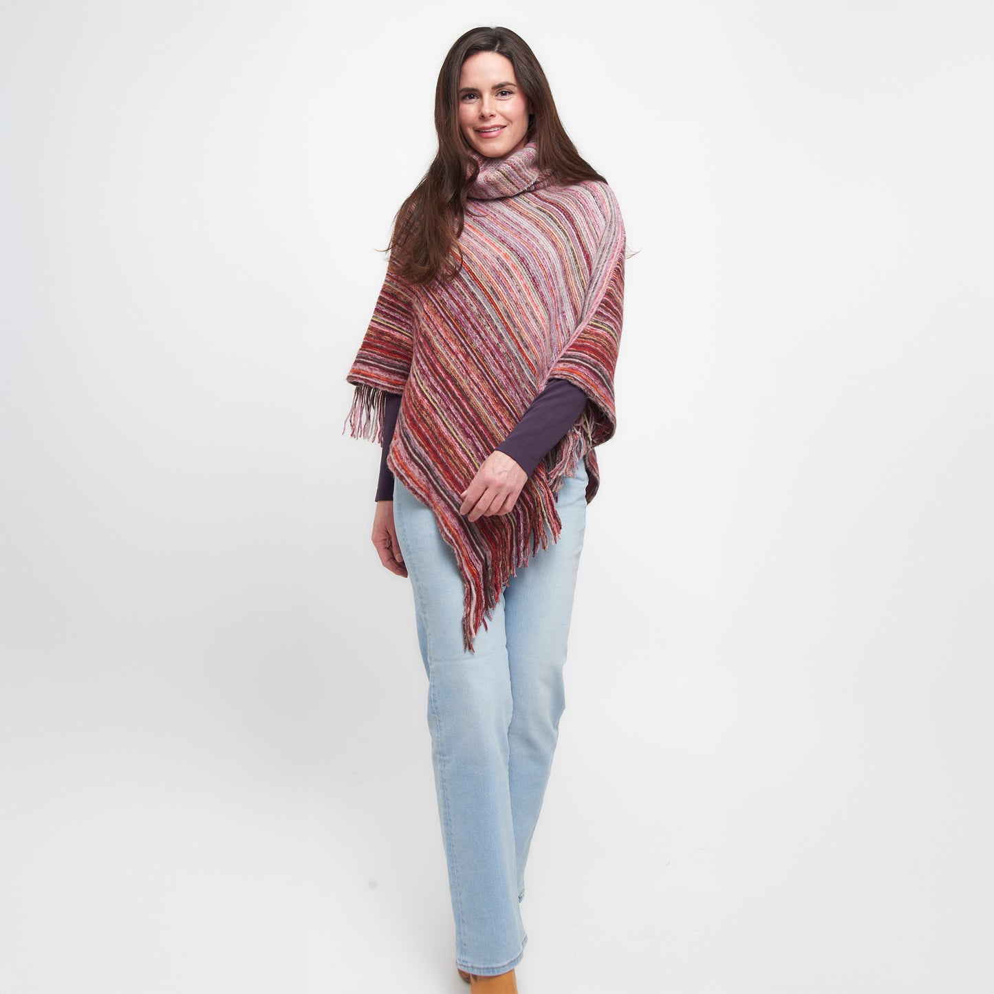 Tiya Striped Funnel Neck One Size Fringe Poncho