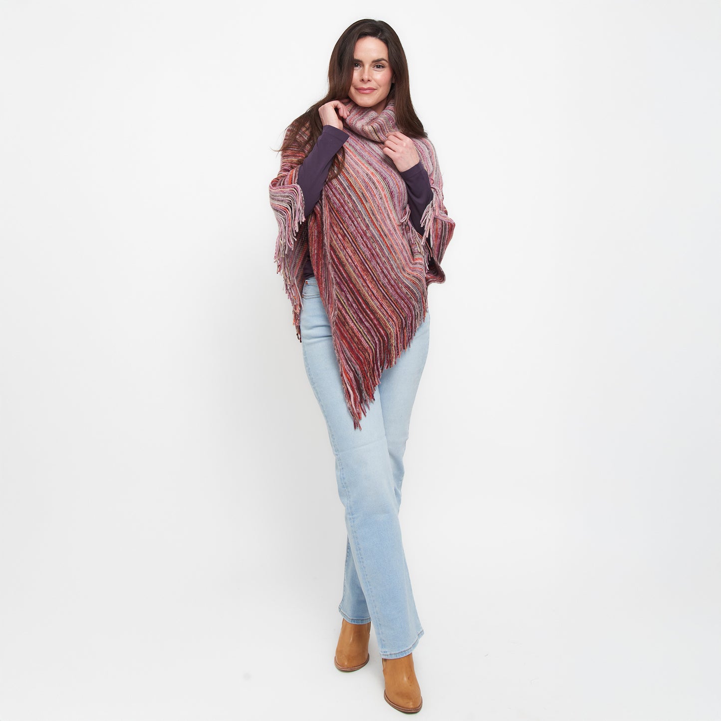 Tiya Striped Funnel Neck One Size Fringe Poncho