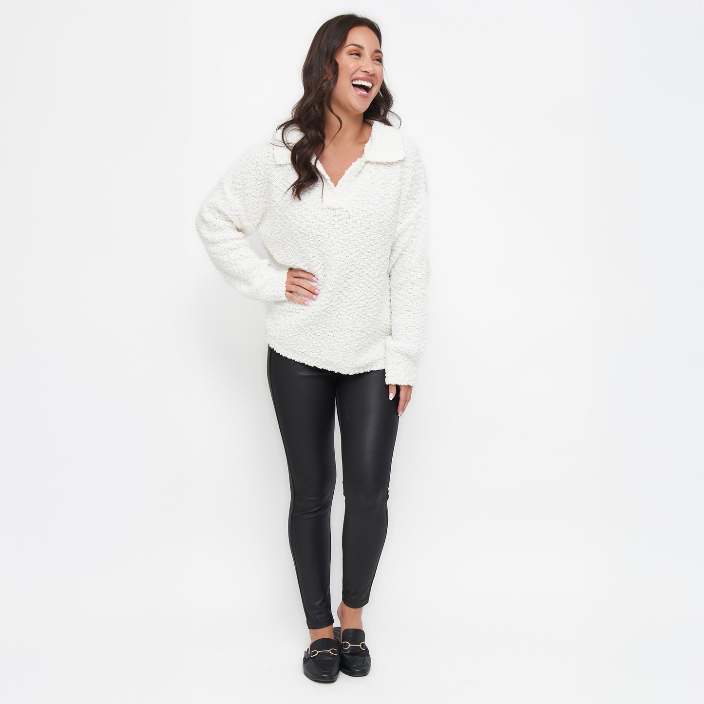Tylie Teddy Bear Knit Long Sleeve Collared Polo Sweater