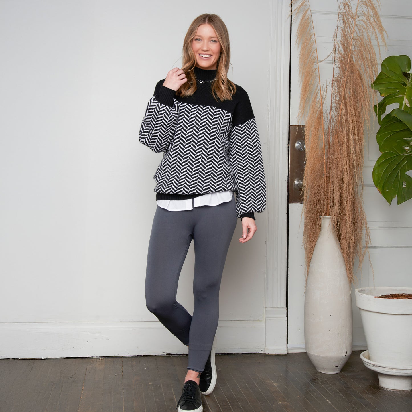 Skyler Herringbone Knit Mockneck Long Sleeve Sweater