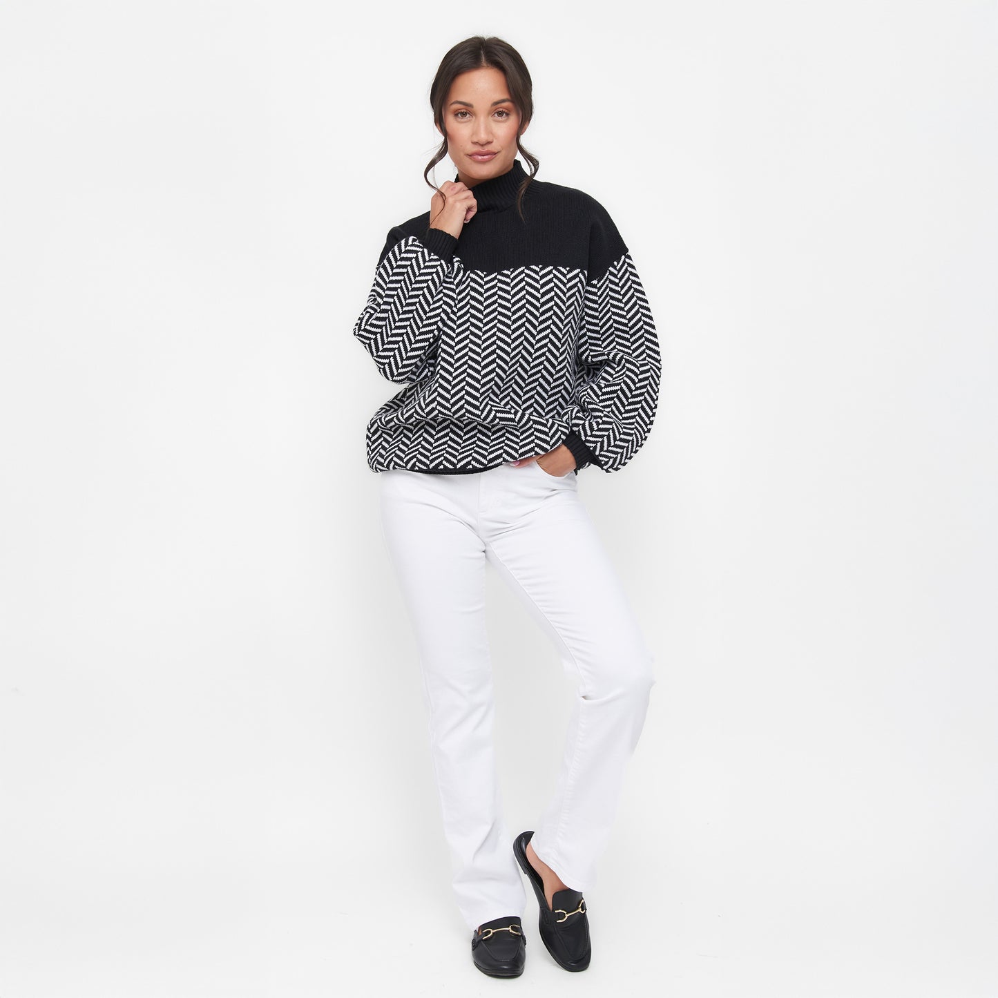 Skyler Herringbone Knit Mockneck Long Sleeve Sweater