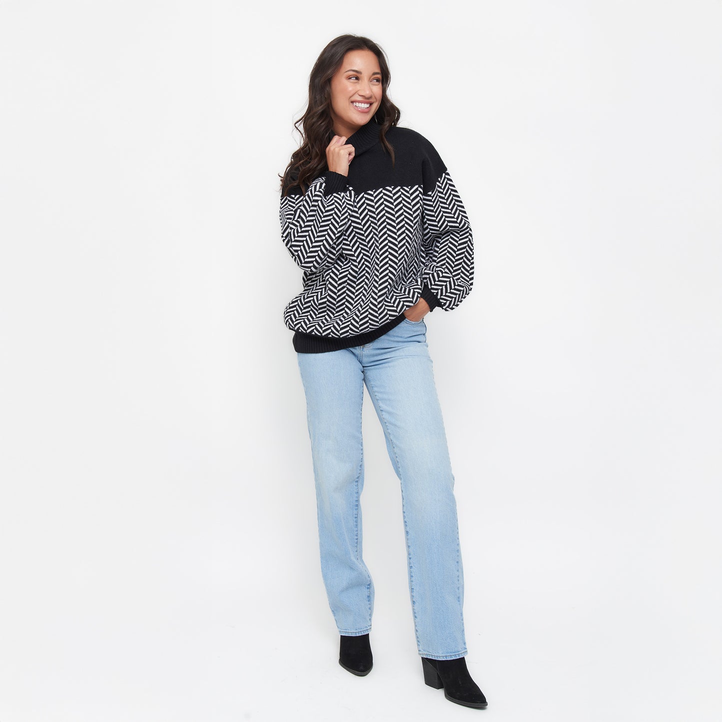 Skyler Herringbone Knit Mockneck Long Sleeve Sweater