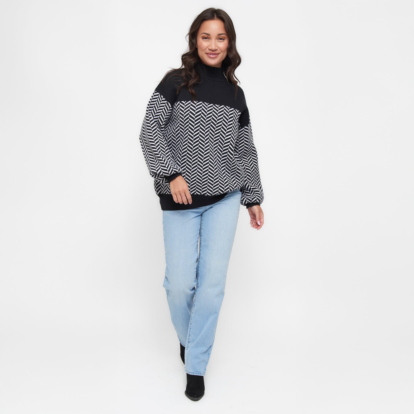 Skyler Herringbone Knit Mockneck Long Sleeve Sweater