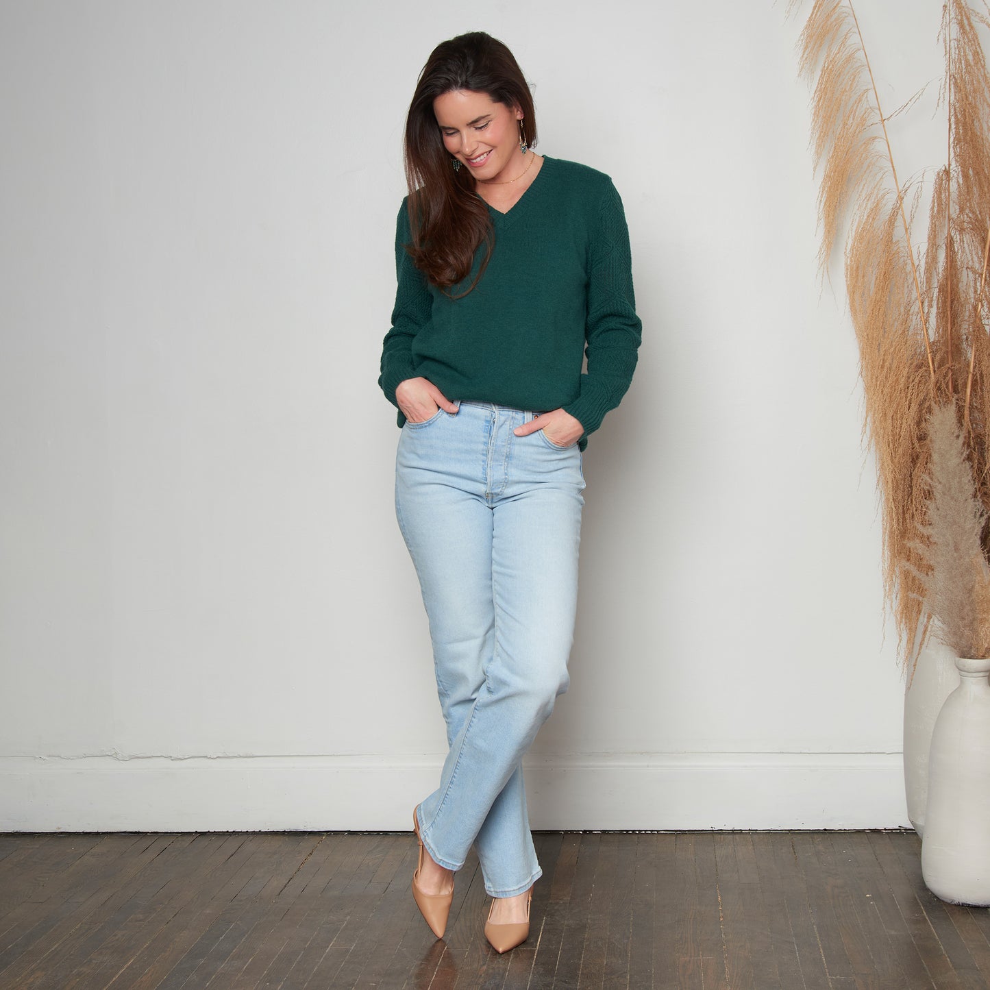 Emery Diamond Crochet Sleeve V-Neck Sweater
