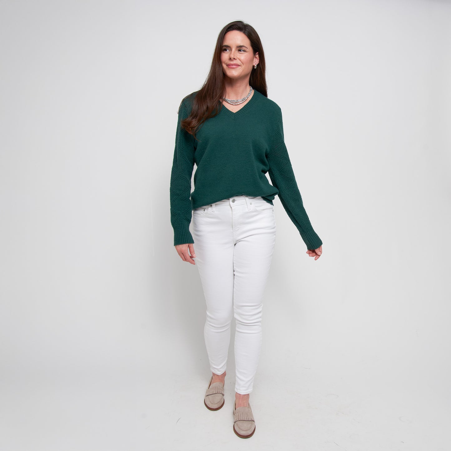 Emery Diamond Crochet Sleeve V-Neck Sweater