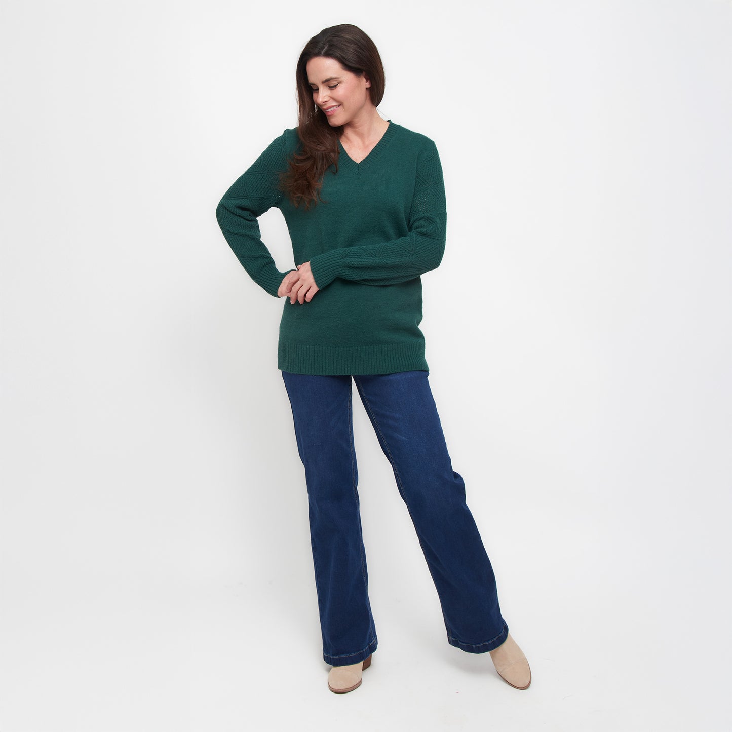 Emery Diamond Crochet Sleeve V-Neck Sweater