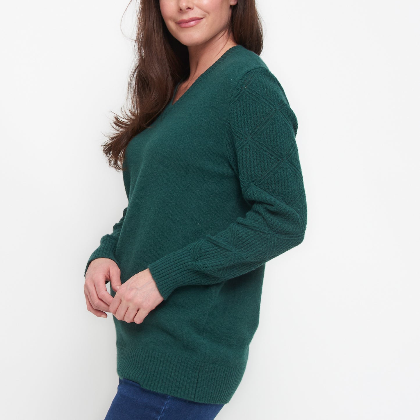 Emery Diamond Crochet Sleeve V-Neck Sweater