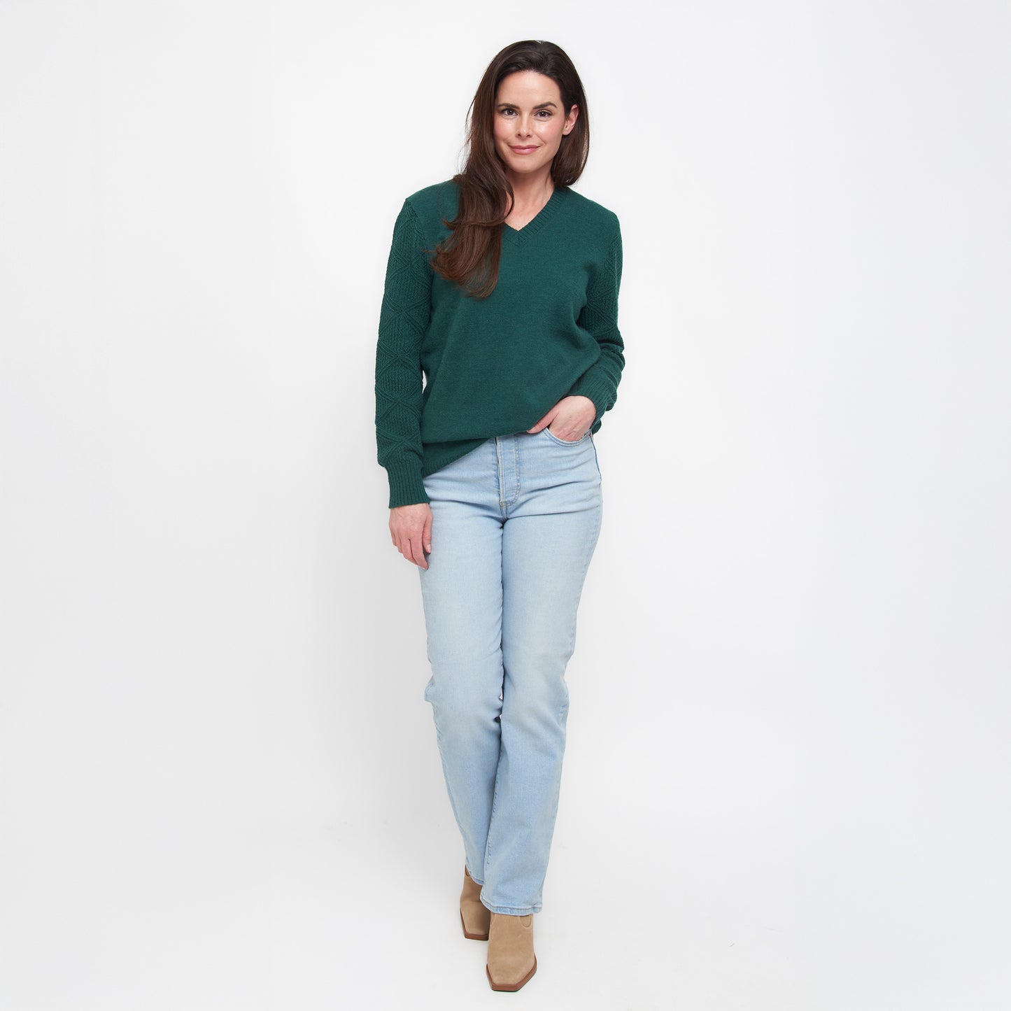 Emery Diamond Crochet Sleeve V-Neck Sweater