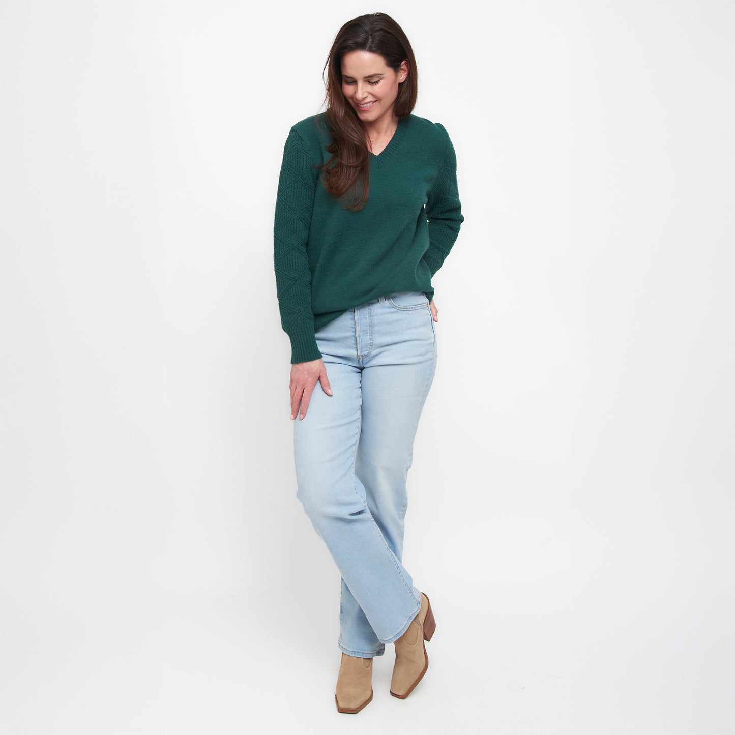 Emery Diamond Crochet Sleeve V-Neck Sweater