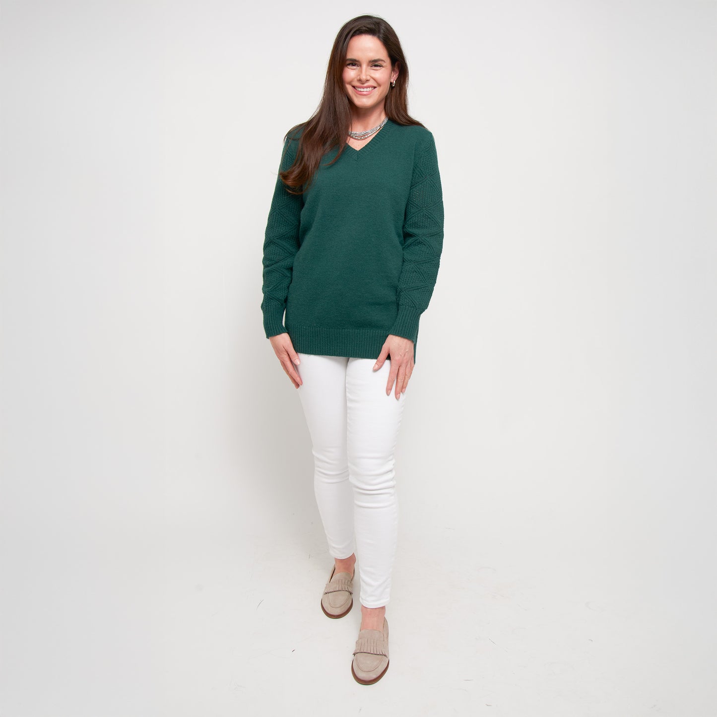 Emery Diamond Crochet Sleeve V-Neck Sweater