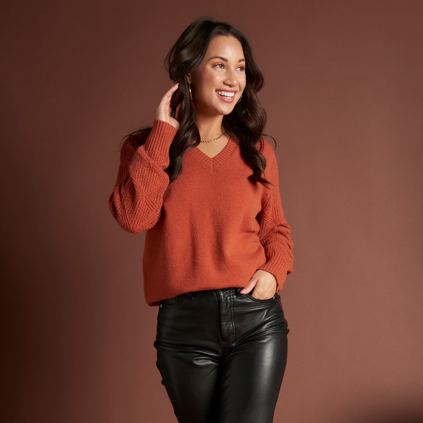 Emery Diamond Crochet Sleeve V-Neck Sweater
