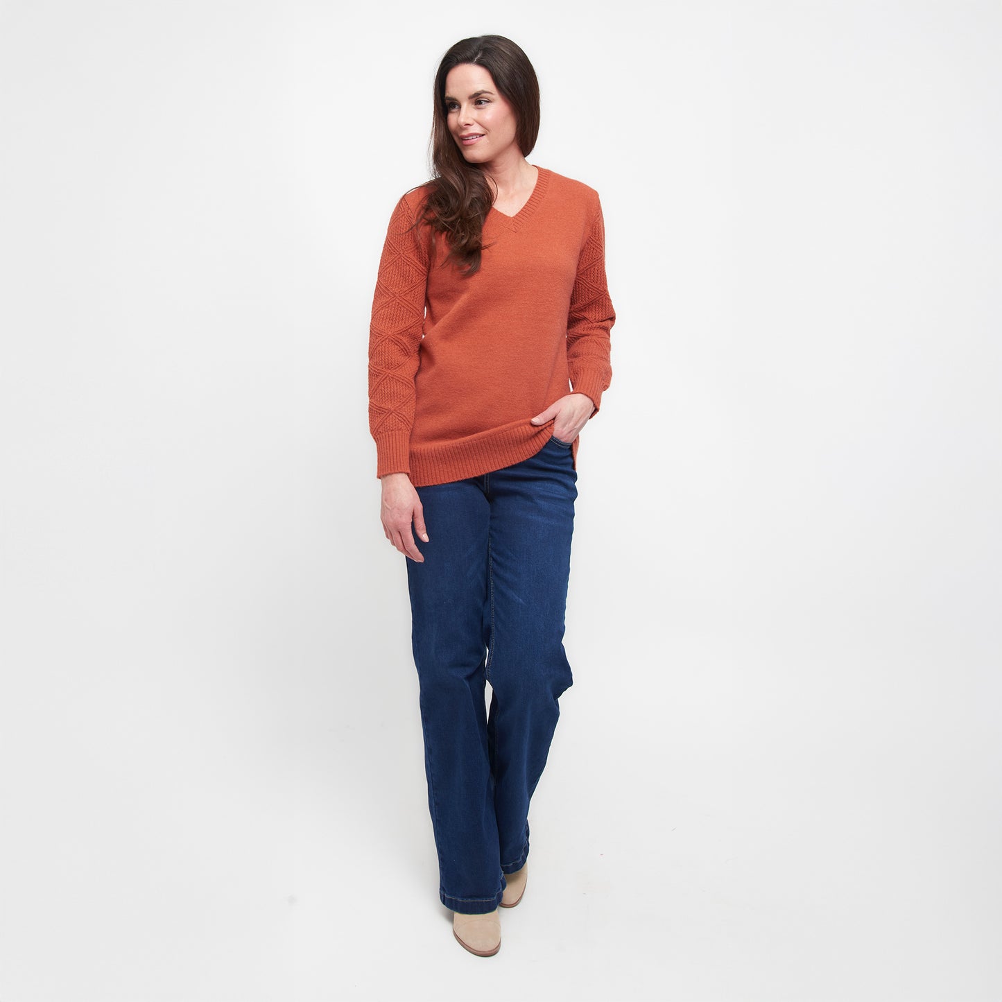 Emery Diamond Crochet Sleeve V-Neck Sweater