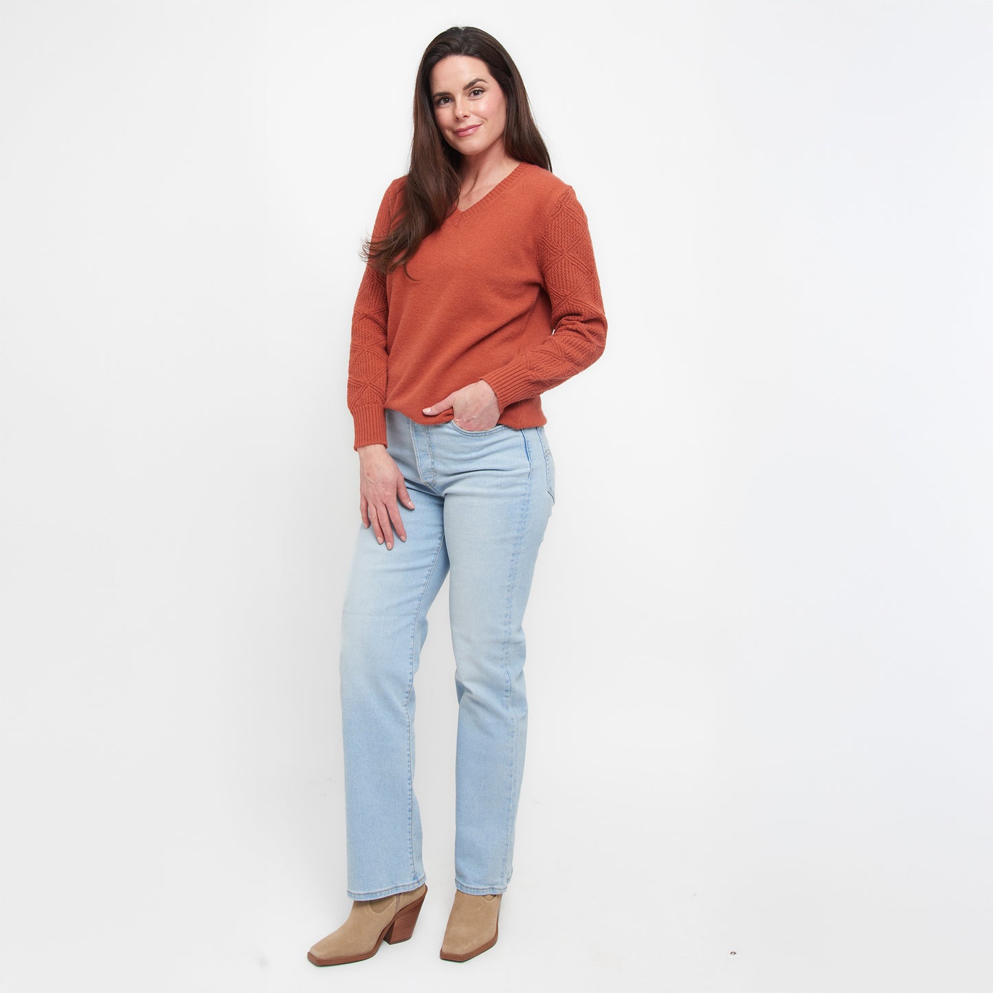 Emery Diamond Crochet Sleeve V-Neck Sweater