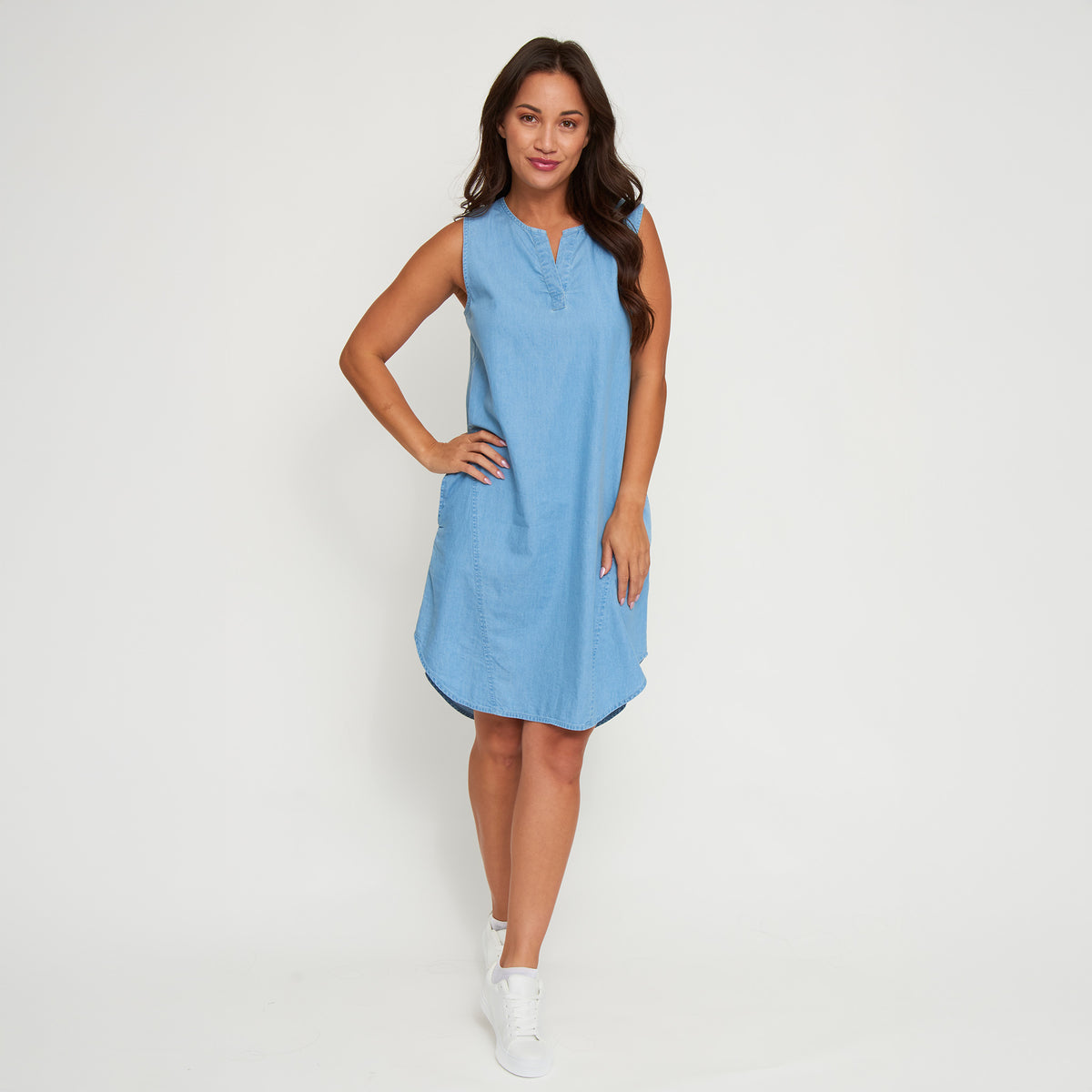 Denim Dress Ellis 100% Cotton Sleeveless V-Neck with Pockets