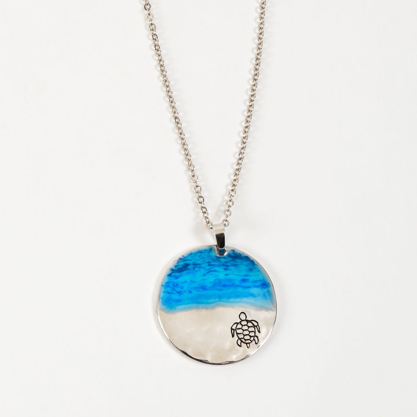 Carina Painted Turtle Disc 20" Silver Pendant Necklace