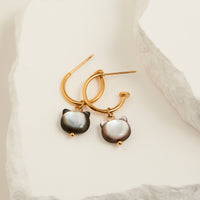 Waterproof Earrings Cat Charm C Hoop Gold & Steel Narelle