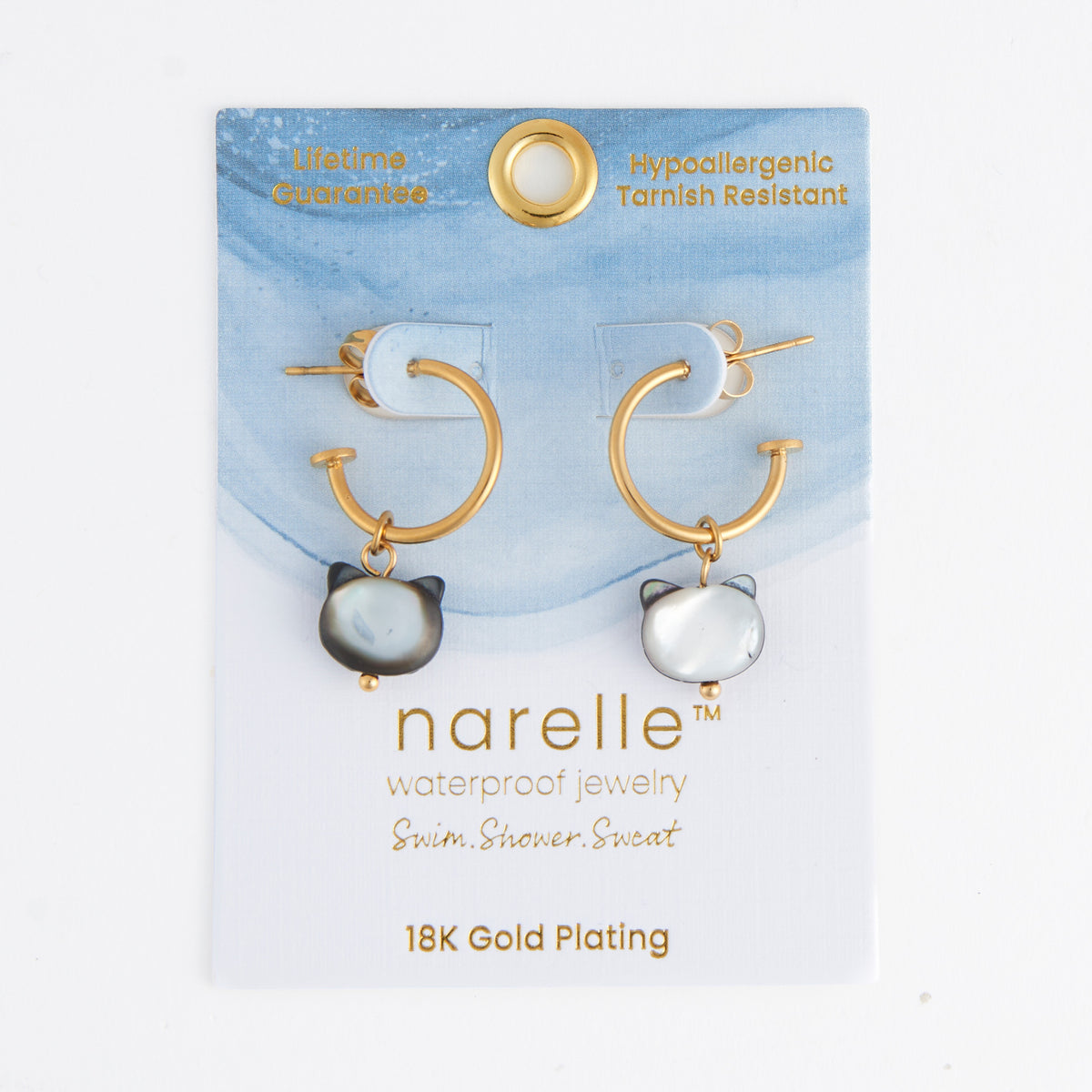 Waterproof Earrings Cat Charm C Hoop Gold & Steel Narelle