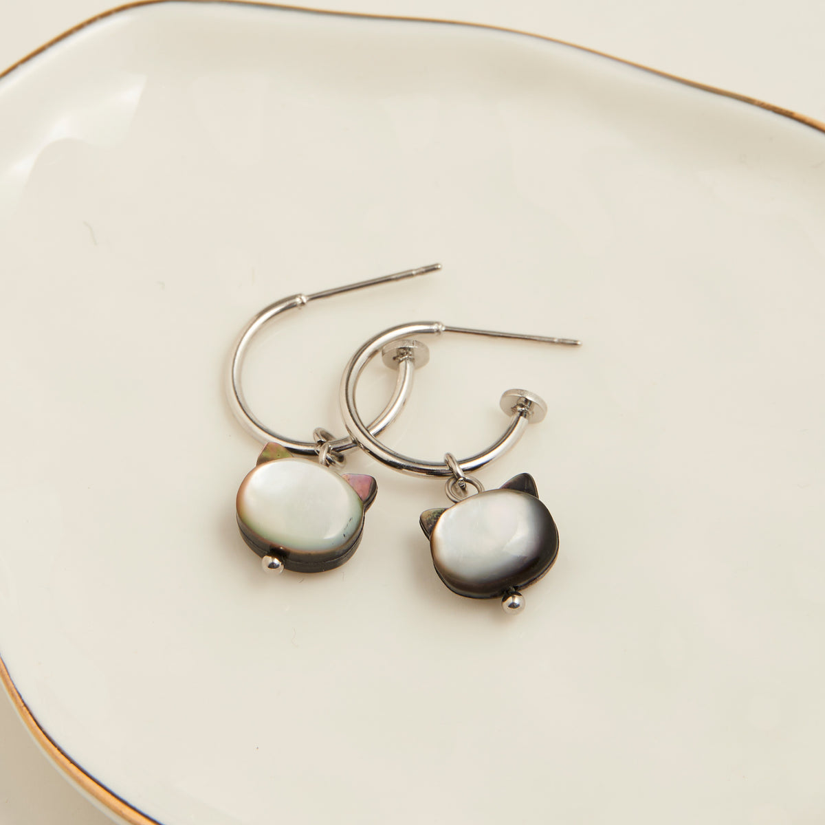 Waterproof Earrings Cat Charm C Hoop Gold & Steel Narelle