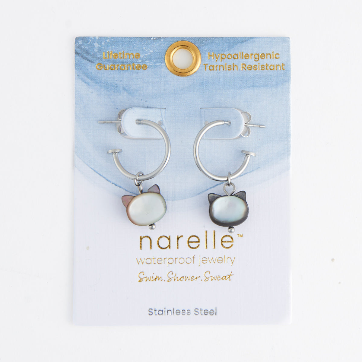 Waterproof Earrings Cat Charm C Hoop Gold & Steel Narelle