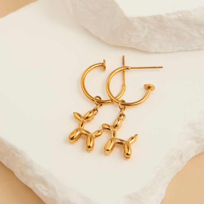 Waterproof Earrings Dog Charm C Hoop Gold & Steel Narelle