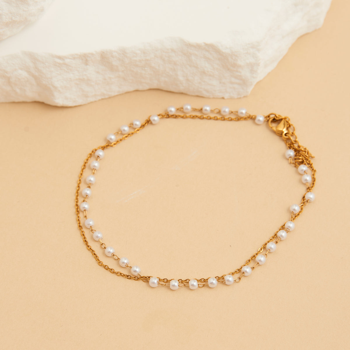 Waterproof Anklet 18K Gold Double Row Pearl & Chain Narelle