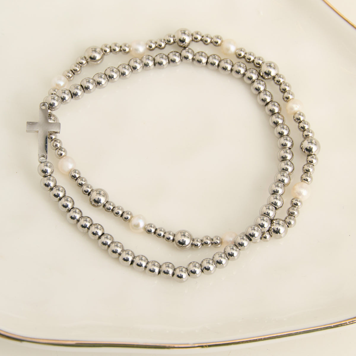 Cross Bracelet Pearl Station Bead Waterproof Narelle Duo Set