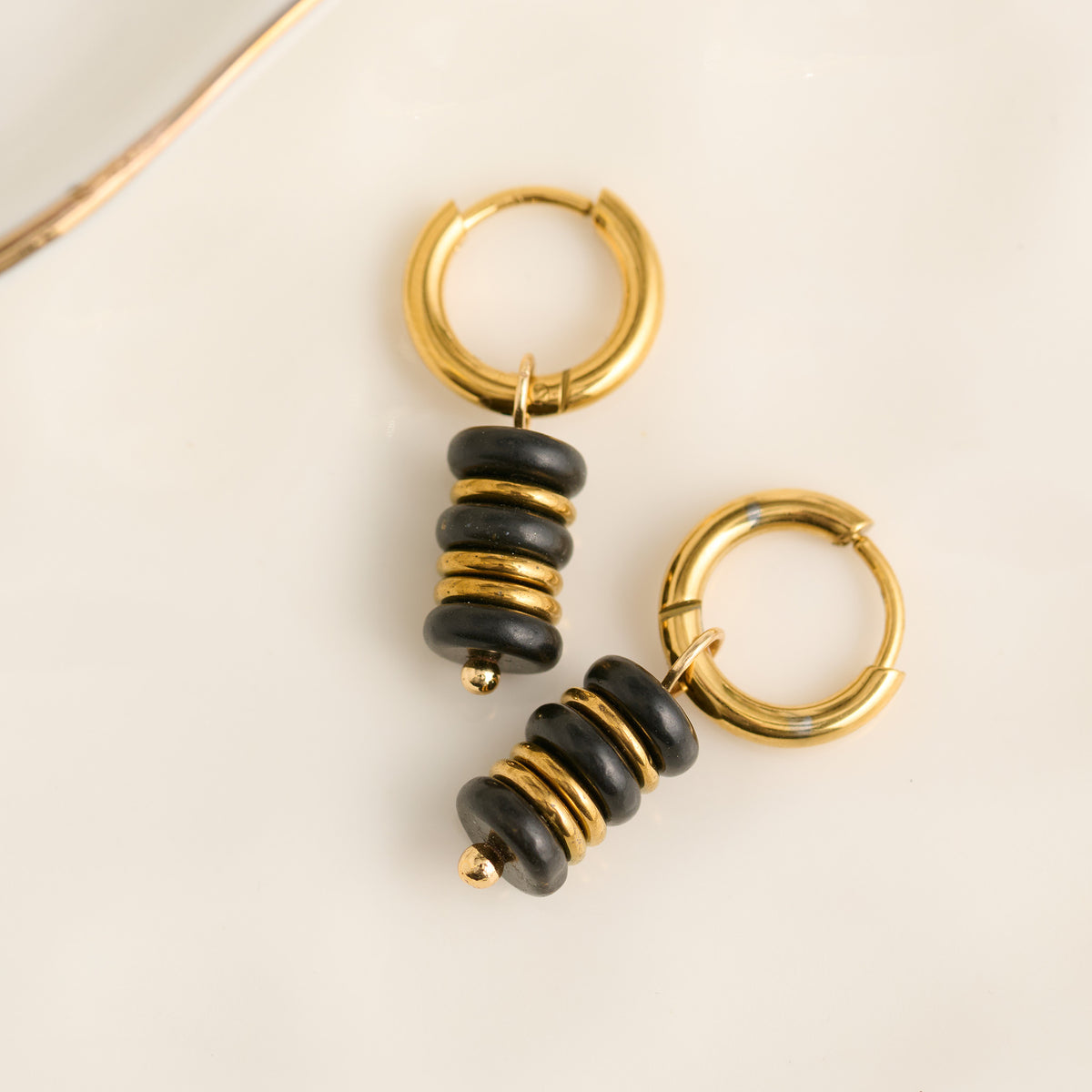 Black Agate Earrings Hoop Waterproof Narelle Gold Disc