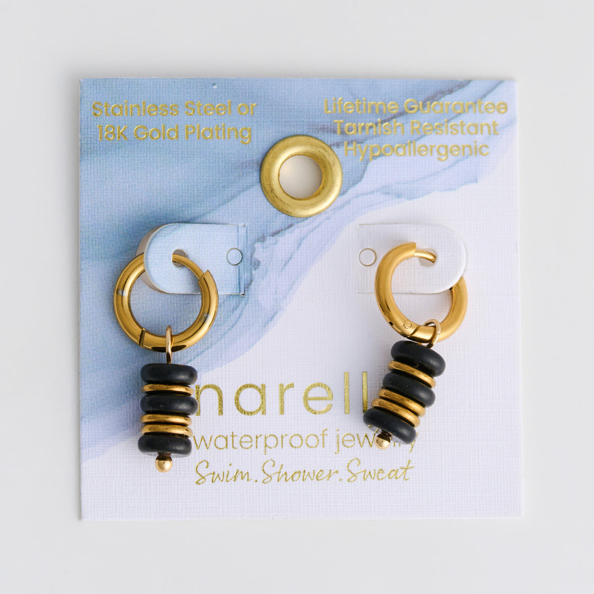 Black Agate Earrings Hoop Waterproof Narelle Gold Disc