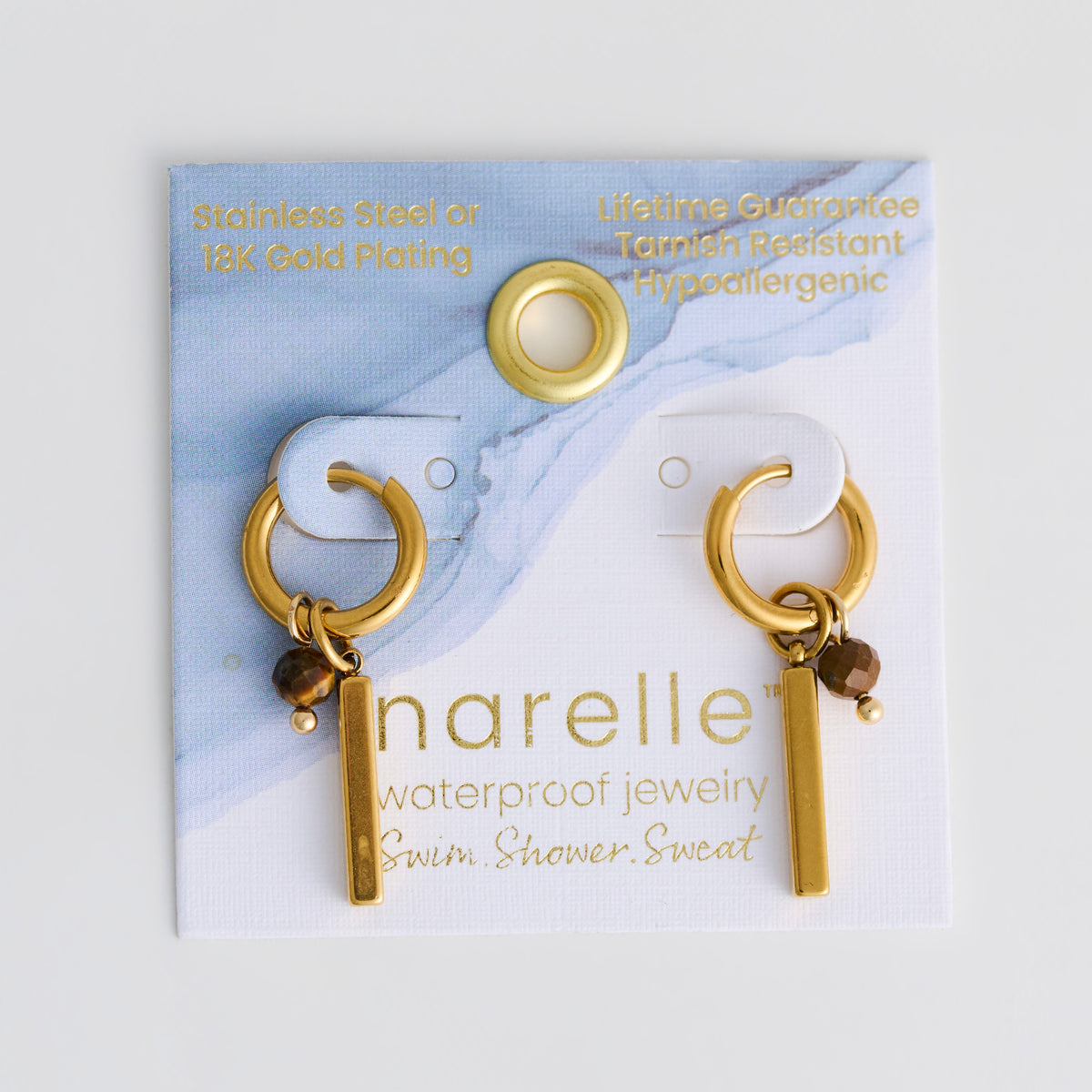 Tiger Eye Earrings Hoop Beaded Waterproof Gold Narelle