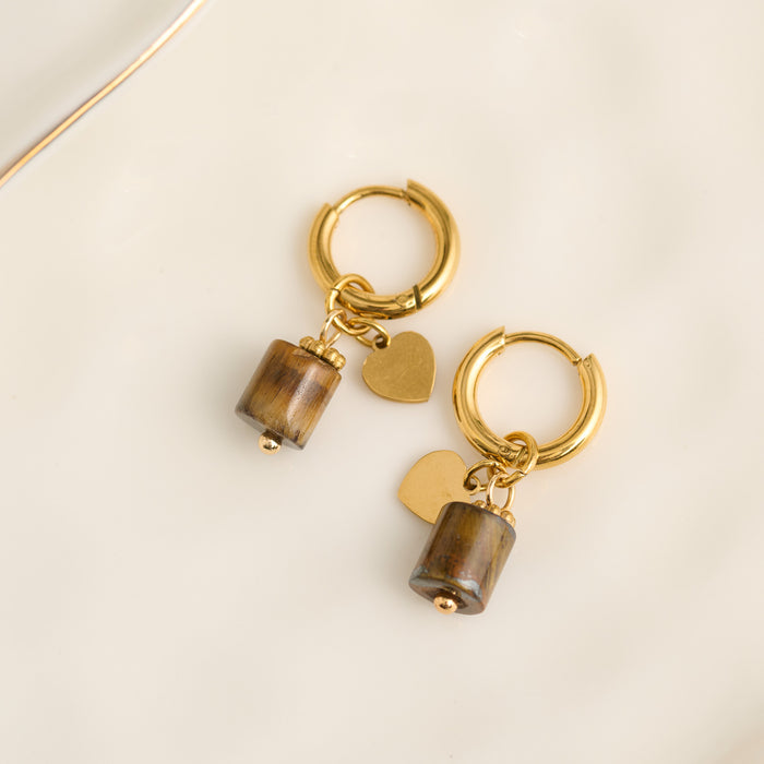 Tiger Eye Earrings Hoop Waterproof Narelle Gold Beaded