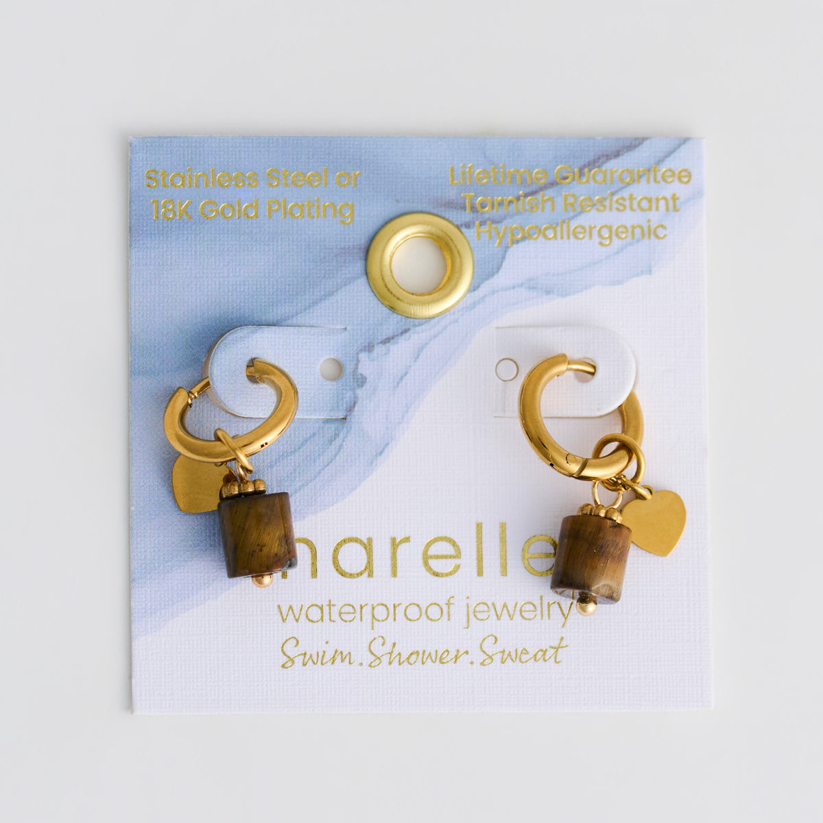Tiger Eye Earrings Hoop Waterproof Narelle Gold Beaded
