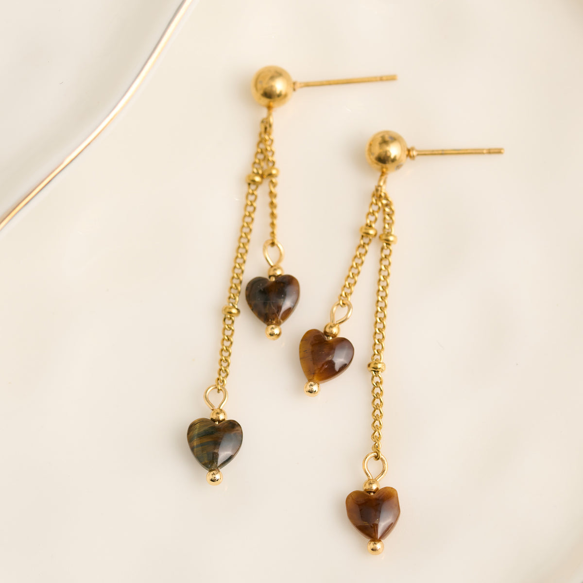 Drop Earrings Tiger Eye Hearts Waterproof Narelle Gold